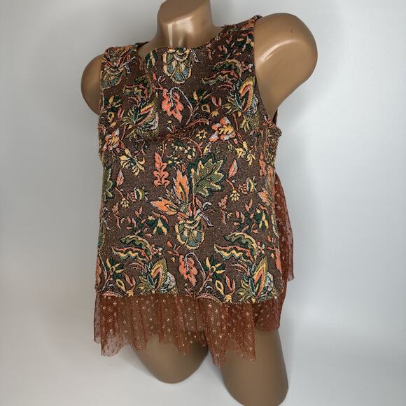 Eva Franco Anthropologie Jacquard Floral Mesh Peplum Top Brown XS Cottage - Picture 11 of 11